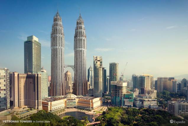Torres Petronas, em Kuala Lumpur, na Malásia, imaginadas com estilo gótico. Torres Petronas, em Kuala Lumpur, na Malásia, imaginadas com estilo gótico.