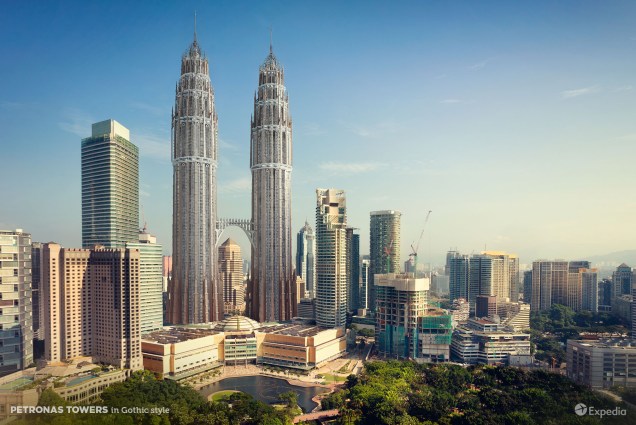 Torres Petronas, em Kuala Lumpur, na Malásia, imaginadas com estilo gótico.