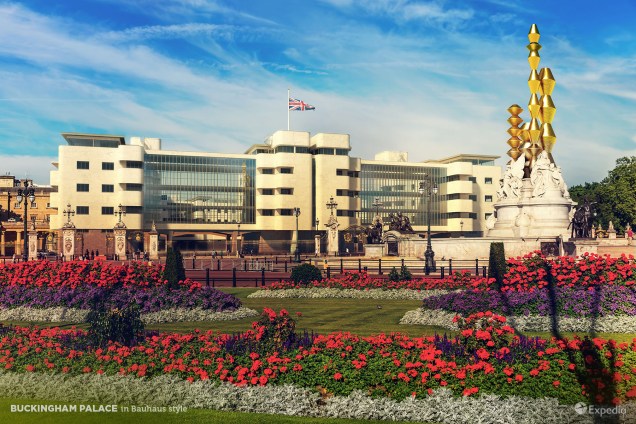 Palácio de Buckingham, em Londres, Inglaterra, imaginado com estilo Bauhaus.