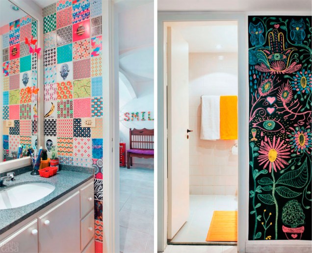 O banheiro da blogueira Thalita Carvalho exibe adesivos coloridos aplicados nos azulejos – ela escolheu as imagens e mandou imprimir na gráfica do bairro. Do lado de fora, a parede recebeu tinta que dá a impressão de um quadro-negro.