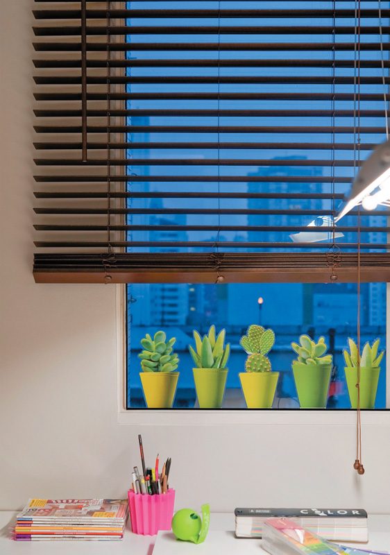 Além da persiana de madeira, o que mais chama a atenção na janela do home office do apartamento do arquiteto Neto Porpino são os adesivos no vidro: comprados no exterior, eles imitam vasos de suculentas e cactos.