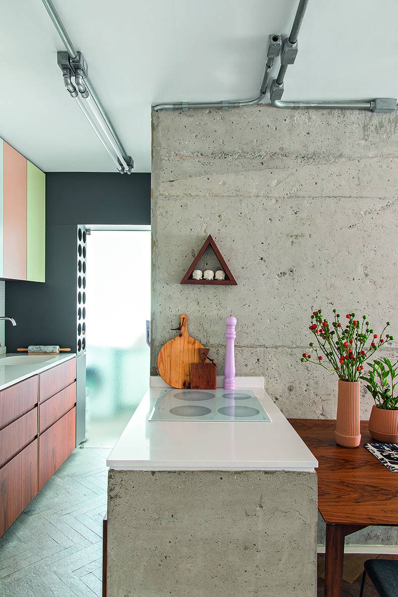 A divis&oacute;ria de ambientes deu lugar a um balc&atilde;o de concreto armado que re&uacute;ne cooktop e um forno el&eacute;trico tamb&eacute;m com fun&ccedil;&atilde;o de micro-ondas. Assim, a bancada da pia ficou totalmente livre e, sob ela, o &uacute;nico equipamento embutido no arm&aacute;rio &eacute; uma lava-lou&ccedil;a.