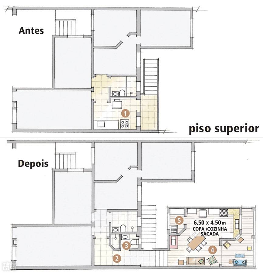 Na constru&ccedil;&atilde;o original, apenas a cozinha de 6 m&sup2; (1), sem lugar para uma mesa, foi modificada, transformando-se em corredor (2) e banheiro (3). A cozinha atual (4) mede 17,50 m&sup2; e acomoda n&atilde;o s&oacute; os itens esperados &ndash; eletrodom&eacute;sticos, arm&aacute;rios e pia &ndash; como tamb&eacute;m mesa para seis pessoas, fog&atilde;o a lenha, estofados e TV. Um c&ocirc;modo (5) com fun&ccedil;&atilde;o de minilavanderia e despensa d&aacute; apoio ao ambiente principal.