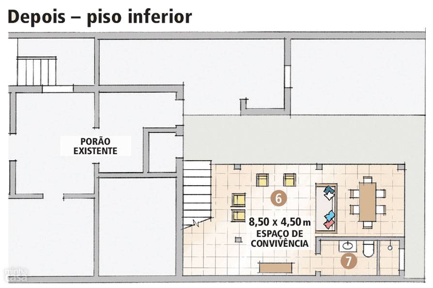 No n&iacute;vel inferior, onde s&oacute; havia o por&atilde;o, o p&aacute;tio descoberto e uma churrasqueira, passou a existir um espa&ccedil;o de conviv&ecirc;ncia (6) muito disputado pela fam&iacute;lia e pelos amigos. Um banheiro (7) atende quem usufrui do quintal.