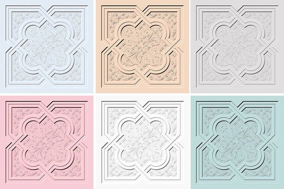 Seis matizes delicados, do bege ao cinza, tingem as placas integrantes da linha Platre. Além das cores, chama atenção o desenho em relevo sobre a superfície dos azulejos, contrapondo o ar retrô a uma proposta contemporânea. Formato: 20 x 20 cm. Indicados para aplicação em paredes. Fabricação da Ceusa.