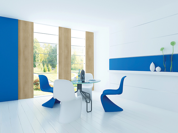 Um dos oito novos padrões da Formica, o Azul Lago (ref. L-018) se destaca entre os mais resistentes. Além de ter aplicação liberada para marcenaria, o laminado tolera as exigências de bancadas de cozinha e até de fachadas – para estas últimas, conta com proteção contra pichações.