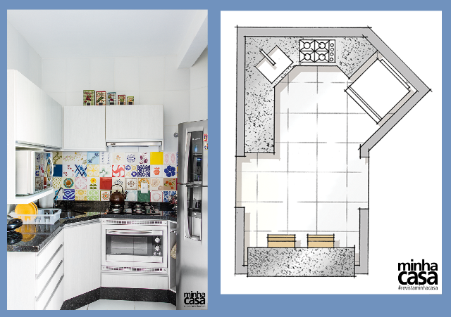 Antes e depois: cozinha com planta irregular se integra à sala