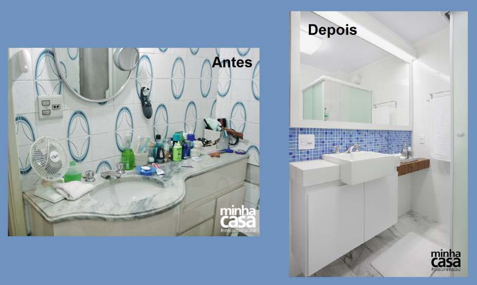 Em prol da unidade visual, a bancada da pia foi confeccionada com o mesmo material. E, para uma boa parceria, a cuba embutida deu lugar a um modelo atual, quadrado de semiencaixe. João Carlos e Sueli gostavam da cor dos velhos azulejos, daí a opção pelas pastilhas de vidro azuis. Uma faixa do acabamento bastou para garantir um belo toque de frescor ao ambiente e não pesou no orçamento. Projeto de Ana Carolina e Mariana Lima Orsolini.