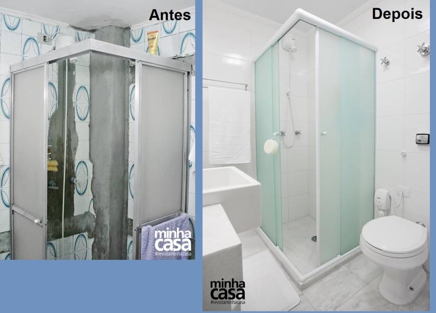 O piso original era de pedra, e o casal de proprietários fez questão de repetir a dose: em placas de 60 x 60 cm, o claríssimo mármore espírito santo cobriu toda a área, colaborando com o estilo clean proposto pelas arquitetas. Para reforçar o clima contemporâneo, o banheiro ganhou ainda um generoso espelho com moldura branca e um boxe de vidro temperado fosco, ideal para preservar um pouco da privacidade. Projeto de Ana Carolina e Mariana Lima Orsolini.