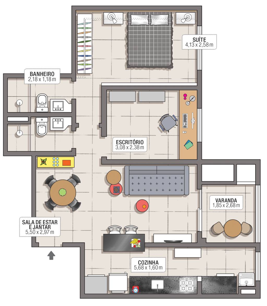 apartamento de 60 m² com estilo industrial planta (2)
