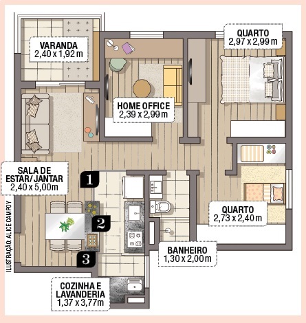 Apartamento de 61 m² com conceito aberto planta