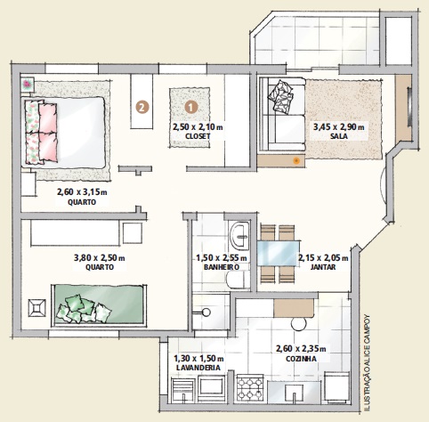 Apartamento de 63 m² com decoração neutra e aconchegante planta