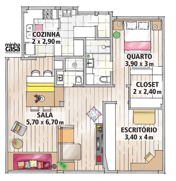 Originalmente, o apartamento tinha três quartos, porém, quando Luciana e Filipe o adquiriram, um deles já estava integrado à sala.