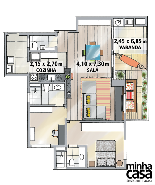 Enquanto o prédio subia, o casal decidiu ampliar a sala eliminando um dos três quartos. Fechada a janela desse dormitório, a TV e o rack foram alocados no dente. “A circulação ficou confortável e, como o sofá tem encosto baixo, elimina-se um possível bloqueio visual”, diz Cristiane. Agora a área soma 30 m². A cozinha também foi aberta: uma bancada de granito, que se estende à sala, explora o convívio entre os ambientes.