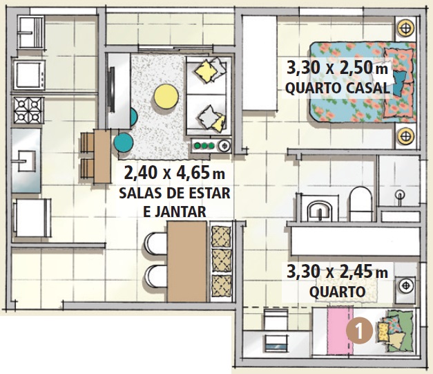 Apartamento pequeno 47 m² planejados para uma familia com quatro planta