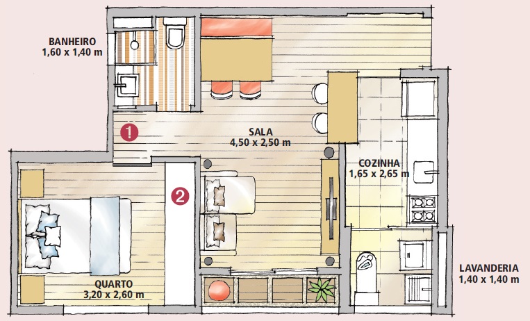 Apartamento pequeno móveis sob medida faz render o espaço planta