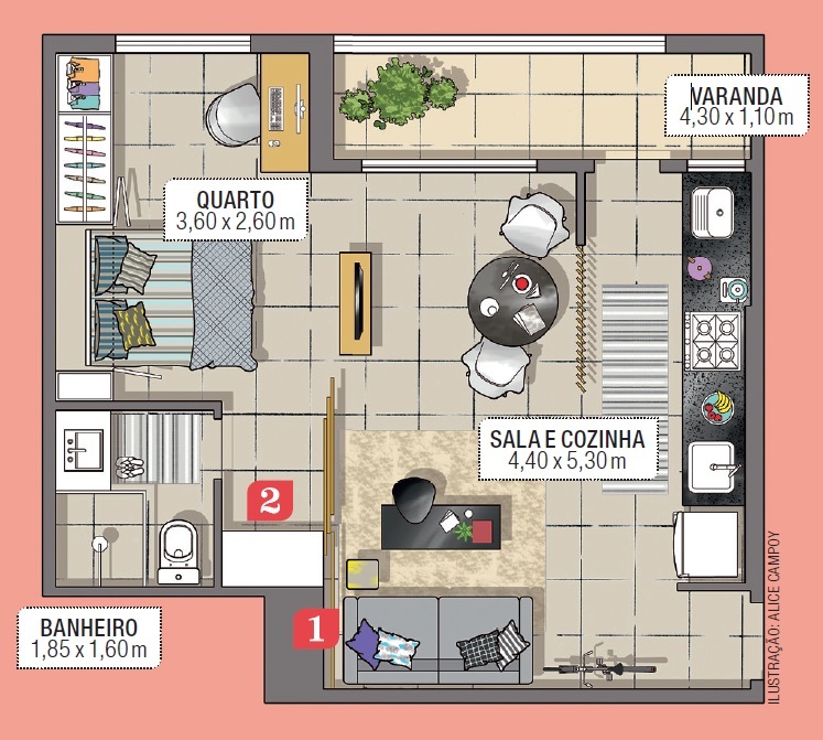 Apartamento pequeno truques incríveis fazem render os 45 m² planta