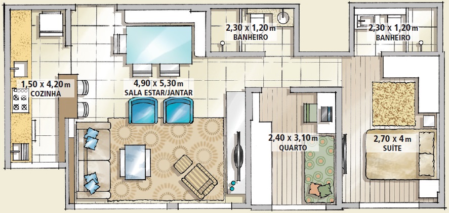 Apê de 66 m² compacto, charmoso e vestido para arrasar planta