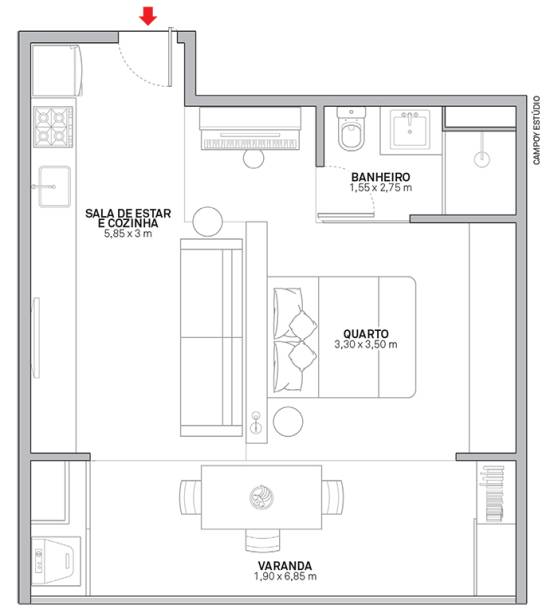 A partir da entrada, a planta concentra os usos sociais numa única linha até a varanda: cozinha, estar e jantar. Do outro lado, fica a área íntima, com quarto e banheiro. Área: 50 m²; Execução da obra: Chapolim Reformas; Marcenaria: JR Móveis Planejados.