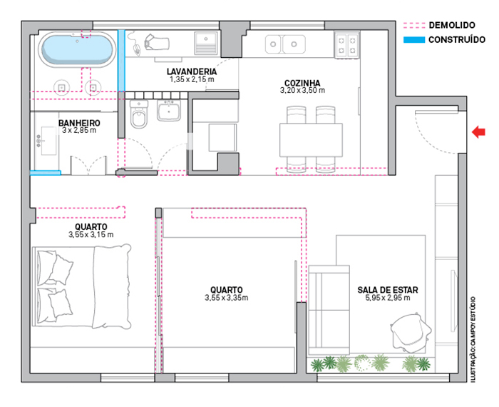 A planta apresenta dois blocos claros, separados pelo corredor central estabelecido pelo armário: quartos e sala, de um lado, e áreas molhadas, com banheiro e cozinha, de outro. Área: 80 m²; Arquitetas: Ana Dix, Isabel Nassif, Marina Causí, Marina Morelli e Renata Pedrosa; Obra; Reprenc Projetos e Decorações; Marcenaria: Marcenaria Laercio; Serralheria: Cuenca & Cuenca.