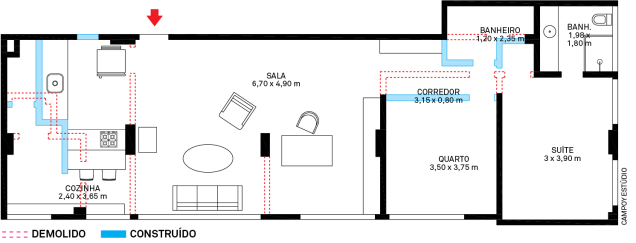 A ausência de paredes na ala social, que absorveu até a área de serviço, proporcionou uma atmosfera de loft
ao apartamento. Área: 86 m²; marcenaria: Roma Mobili (cozinha)
e João Emilio (banheiros); Iluminação: Prolight