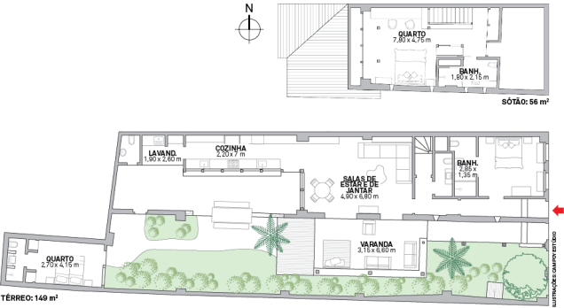 O formato da planta pouco mudou, mas os ambientes ganharam outros usos e três novas suíte sonde antes eram a loja (na frente da casa), o sótão e uma área inutilizada nos fundos do terreno. Área: 205 m²; obra: Marcos da Costa Monteiro Filho; mobiliário: Marcenaria da Mangueira; Serralheria: Ruy César Serralheiro.