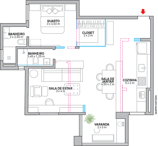 Após a reforma, os únicos ambientes isolados são quarto e banheiros. Repare como o closet avança no sentido da entrada do apartamento, mas sem prejudicar o trecho social. O dormitório transformado em sala de TV tem uma parte fechada pelo roupeiro. Área: 78 m²; Reforma: Assis Empreiteira; Marcenaria: JM Império Móveis;
Projetos elétrico e hidráulico: Rogério  Shinagawa; Luminotécnica : Reka.