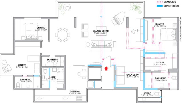 Para unir os dois  apartamentos, os arquitetos apostaram em uma planta sem corredor nem hall e com a sala no centro, para onde todos os ambientes íntimos e de serviço convergem