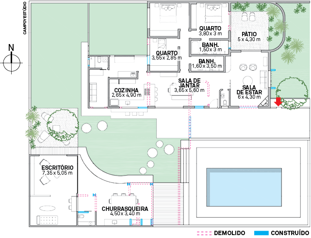 A entrada no meio do terreno define um eixo para a circulação. De um lado ficam os ambientes usados no dia a dia; do outro, instalações de lazer como churrasqueira e piscina. Área: 250 m²; arquiteta colaboradora: Tatiana Martins; construção: engenheiro Santo Ferretti Neto; marcenaria: Movelaria Laurel; luminotécnica: Paul Avolese.