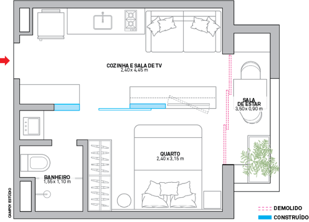 No eixo central, estante e porta deslizante separam os ambientes, enquanto o prolongamento da divisória junto à entrada resguardou o banheiro. As portas de correr entre o interior e a varanda foram retiradas. Área: 26 m²; marcenaria: Móveis Evolution; gerenciamento da obra, projetos de interiores, elétrico e hidráulico: Claudia Reis. No eixo central, estante e porta deslizante separam os ambientes, enquanto o prolongamento da divisória junto à entrada resguardou o banheiro. As portas de correr entre o interior e a varanda foram retiradas. Área: 26 m²; marcenaria: Móveis Evolution; gerenciamento da obra, projetos de interiores, elétrico e hidráulico: Claudia Reis.