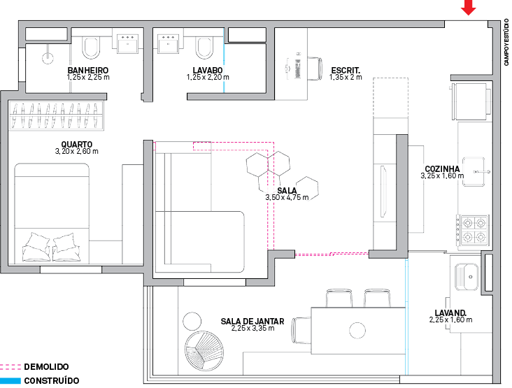 A varanda virou sala de jantar e o segundo quarto abriu-se para o living – dessa forma, a área social conquistou um sofá com chaise longue, além de uma estação de trabalho perto da entrada. Área: 57 m²; construção, iluminação e  interiores: Duda Senna.