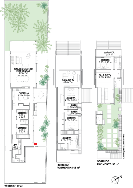 A disposição alongada acompanha o terreno: ligeiramente deslocada para a face sudoeste, a casa permite que os ambientes principais aproveitem a insolação e a ventilação naturais durante todo o ano. Área: 435 m²; arquitetos colaboradores: Vivian Tonglet e Claudio Helzel; fundação: Stec do Brasil Engenharia; construção: Antônio Tiburcio (Tiburcio Dias Engenharia); projetos elétrico e hidráulico: Denise Lameza (Dlameza Engenharia); Paisagismo: Alice Rocha e Camila Sesma; luminotécnica: Lumini.