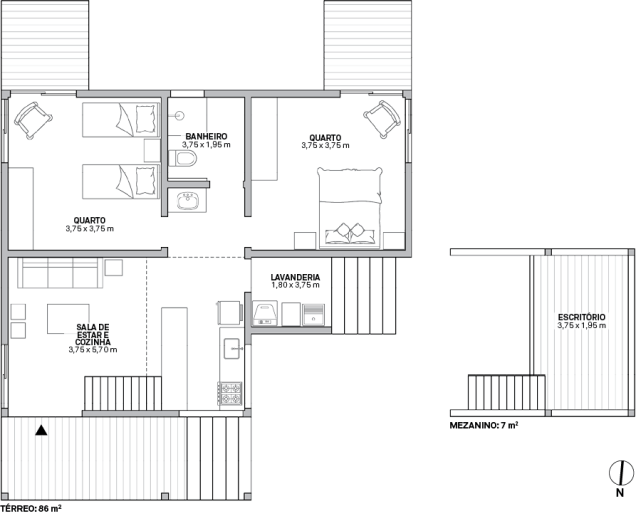 O Casa de Terra oferece cinco opções entre 45 e 93 m² cujas plantas se baseiam em módulos de 3,75 x 3,75 m, passíveis de divisão em dois ou quatro para compor decks e ambientes menores.