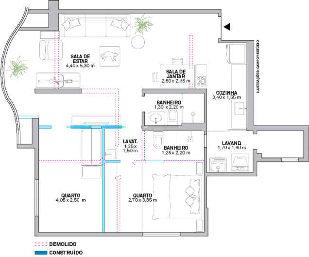 O terceiro quarto e o corredor íntimo tiveram sua área redistribuída entre os outros dois dormitórios – agora dotados de portas de correr – e a sala, que também somou a varanda e uniu-se à cozinha