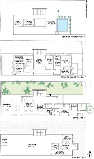 O solário na cobertura aproveita melhor a insolação e compensa o espaço ocupado pela área social no térreo, refazendo o jardim alguns níveis acima.