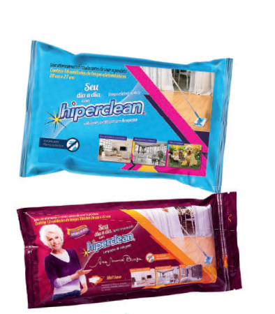 Dupla dinâmica: os Lenços Eletrostáticos atraem pó e outras partículas, enquanto os Lenços Umedecidos higienizam e perfumam. Hiperclean , R$ 9,90 e R$ 12,90 cada pacote (16 unidades), nessa ordem