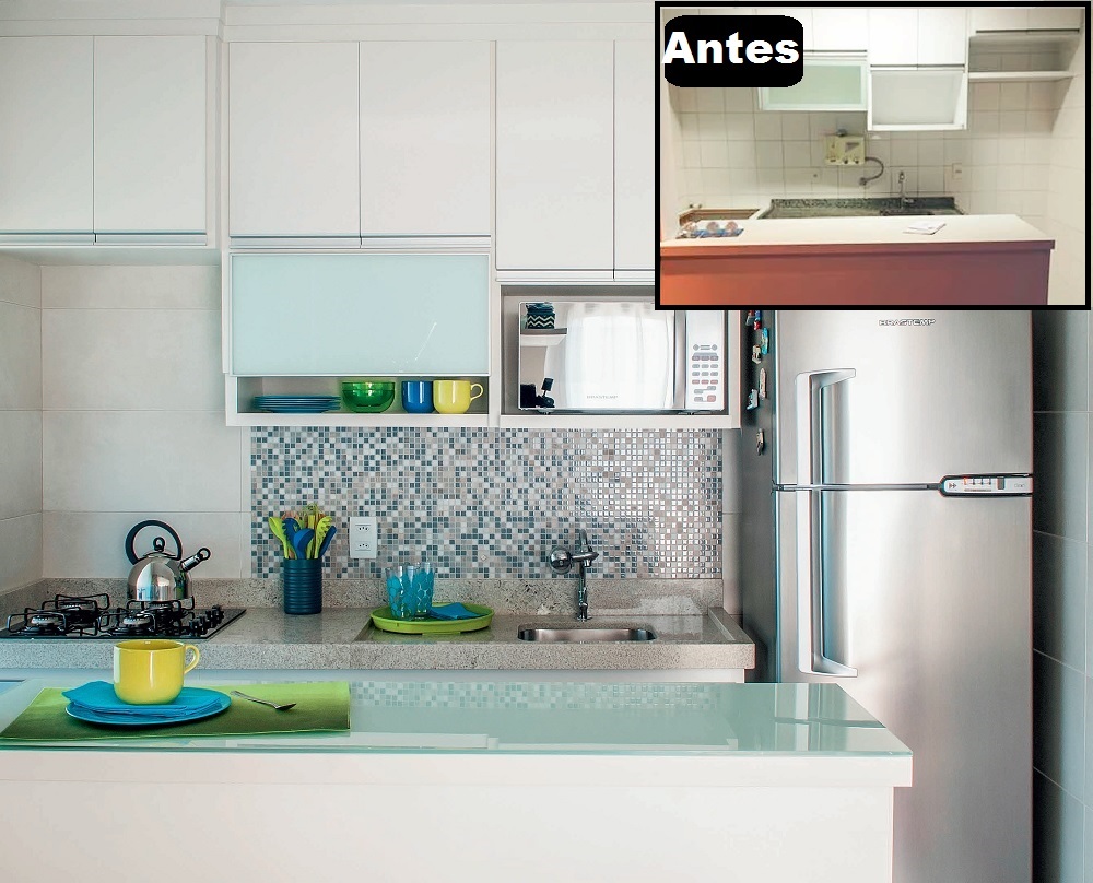 Armários e balcão reformados renovam cozinha americana