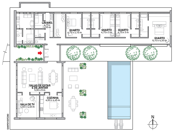 A planta faz um L ao redor do pátio com piscina, com ambientes privilegiando sempre a visão para o exterior. Área: 375 m²; Cálculo estrutural: Escritório Técnico César Pereira Lopes; Construção: Mantra Engenharia; Luminotécnica: Lumini; Serralheria: HF Esquadrias Metálicas; Marcenaria: Marcenaria Pimentel; Paisagismo: Daniela Malzoni e Renata Villar.