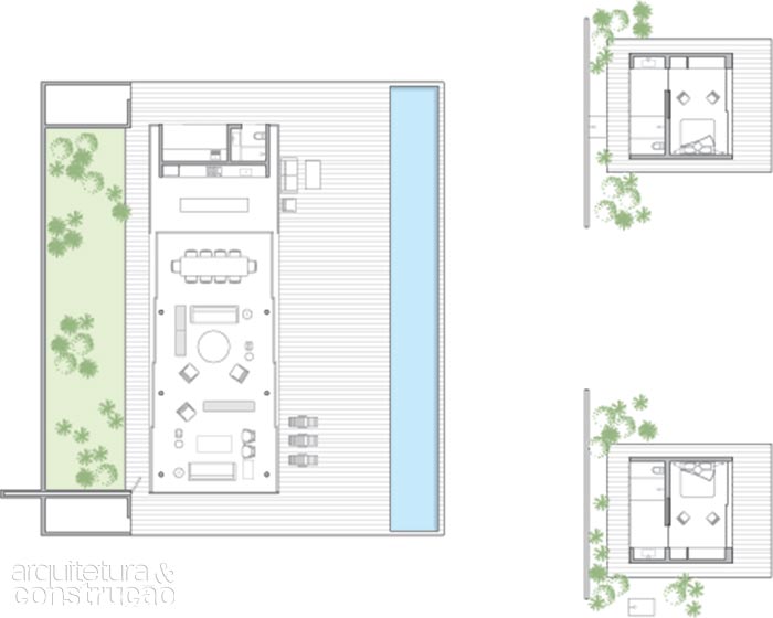 A área social tem 352 m². Na porção mais baixa da propriedade, há dois anexos independentes para acomodar os hóspedes, totalizando 150 m².