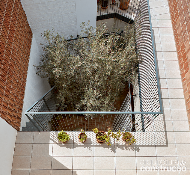 Um dos dormitórios e o banheiro se abrem para este terraço, que contorna a copa da oliveira e também pode ser acessado pelo pátio maior.