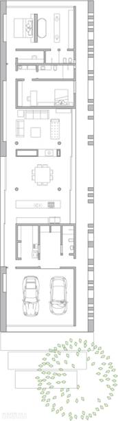 A alvenaria de tijolos cerâmicos reveste as diferentes fachadas da construção. Sem hierarquia óbvia, há acessos por todos os lados. Área: 348 m²; Projeto estrutural, de fundações e hidráulico: Gregorio Temczuk Neto; Projetos e instalações de elétrica, lógica e alarme: Imagine Soluções; Construção: Irmãos Martins Construtora; Aquecimento solar: Aquamec; Iluminação: Sintonia da Luz; Marcenaria: Ekipamento.