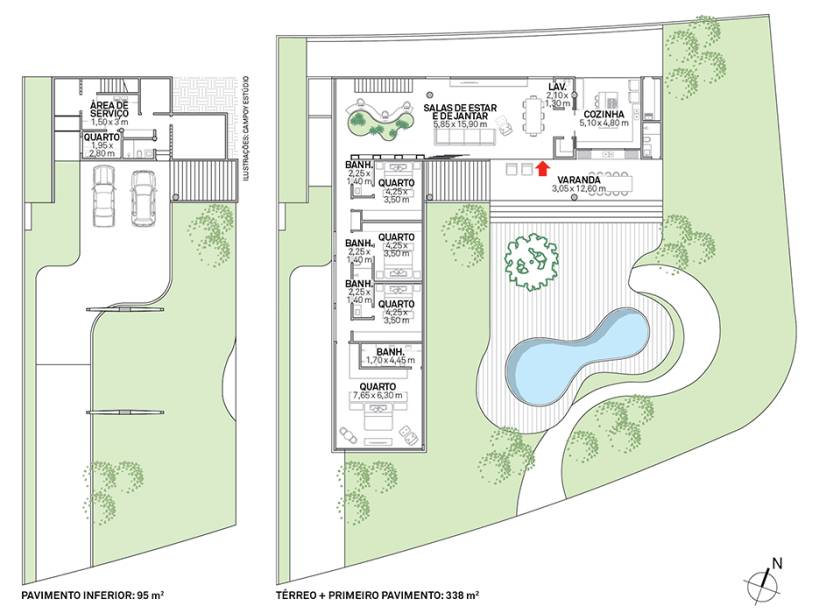 Internamente, a distribuição prima pela clareza: ala social no térreo e quartos no volume perpendicular superior. Um subsolo dá conta da parte de serviços e da garagem. Área: ÁREA: 434 m²; Construção: Diretriz Construtora; Paisagismo: Projeto Verde Paisagismo