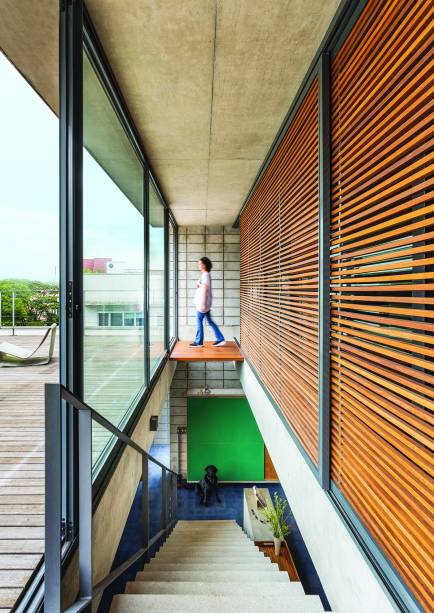 A sala fica um pouco abaixo, onde se vê a labradora Coca. As portas ripadas de cumaru protegem a grande suíte voltada para o horizonte. Os painéis de vidro à frente encaixam-se em caixilhos de alumínio (Colombo Esquadrias). Ao fundo, a pequena passagem-ponte entre banheiro e terraço.