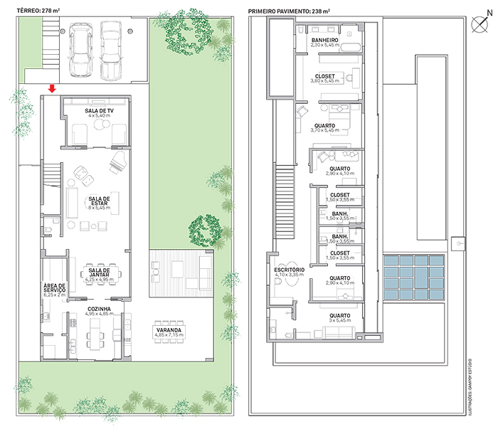 Para assegurar a maior área livre possível, a proposta dispensou a piscina e concentrou o trecho edificado numa lateral do lote. Ordenada e sintética, a planta do térreo garante fluidez entre os ambientes sociais e o exterior. Área: 516 m²; arquitetos: Adriano Kremer, Tais Marchetti Bonetti, Giovani Bonetti e Camila Delvaz; paisagismo: JA8 Arquitetura e Paisagem; engenharia: Clarice Wolowisky; construção: Fernando Souza.