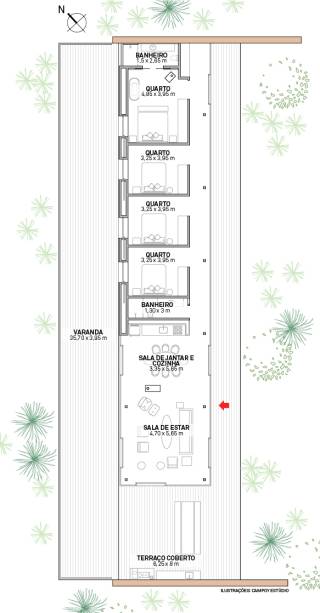 Salas e quartos se enfileiram na planta comprida, todos acompanhados pelo terraço, que vai de ponta a ponta a fim de oferecer a mesma visão da paisagem Salas e quartos se enfileiram na planta comprida, todos acompanhados pelo terraço, que vai de ponta a ponta a fim de oferecer a mesma visão da paisagem