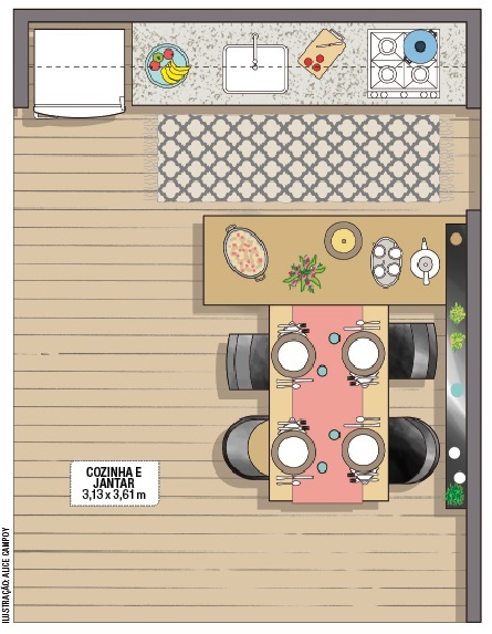 Cozinha integrada com pitadas de cor e acabamentos amadeirados jogo de cores planta