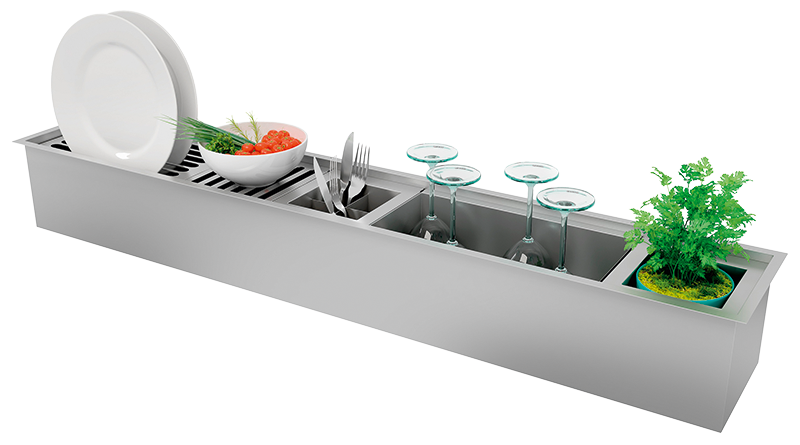 Pratos, talheres e até mini-horta têm lugar no Canal Organizador Úmido 600 (19 x 62,60 cm), de inox escovado. Da Debacco. Na Condec, este conjunto vale R$ 1 921.