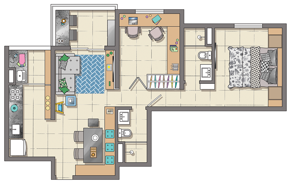 decoração-de-apartamento-pequeno-com-móveis-sob-medida-e-painéis-planta
