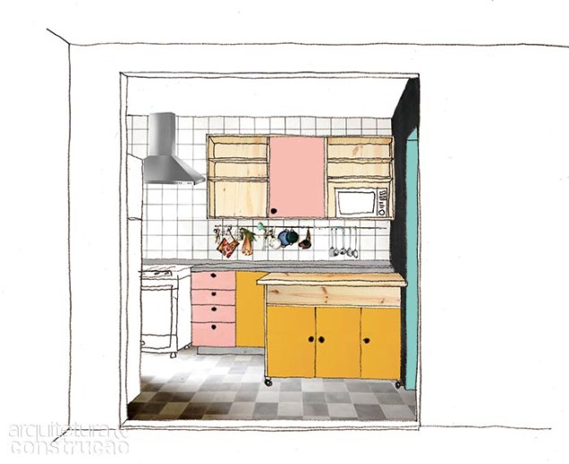 Neste estudo de cores desenhado pela moradora, os armários da cozinha mesclam tons de salmão, mantidos no projeto final, e mostarda. Veja como ficou o ambiente nas fotos a seguir.