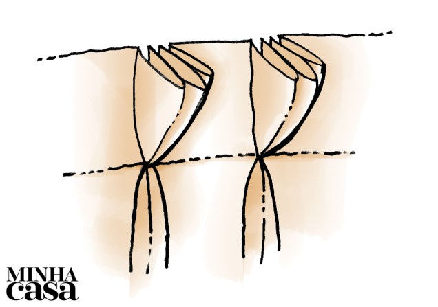 Dobra tripla no arremate superior da  cortina (o cós), que produz um  franzido virado para o alto.